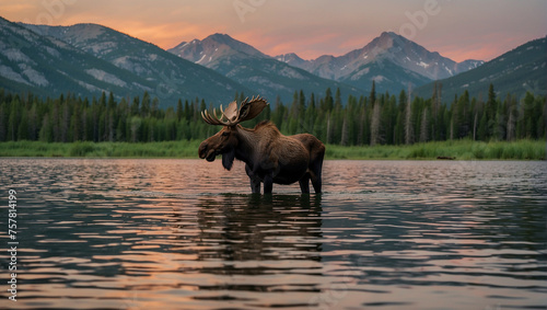 A large moose standing in a lake 