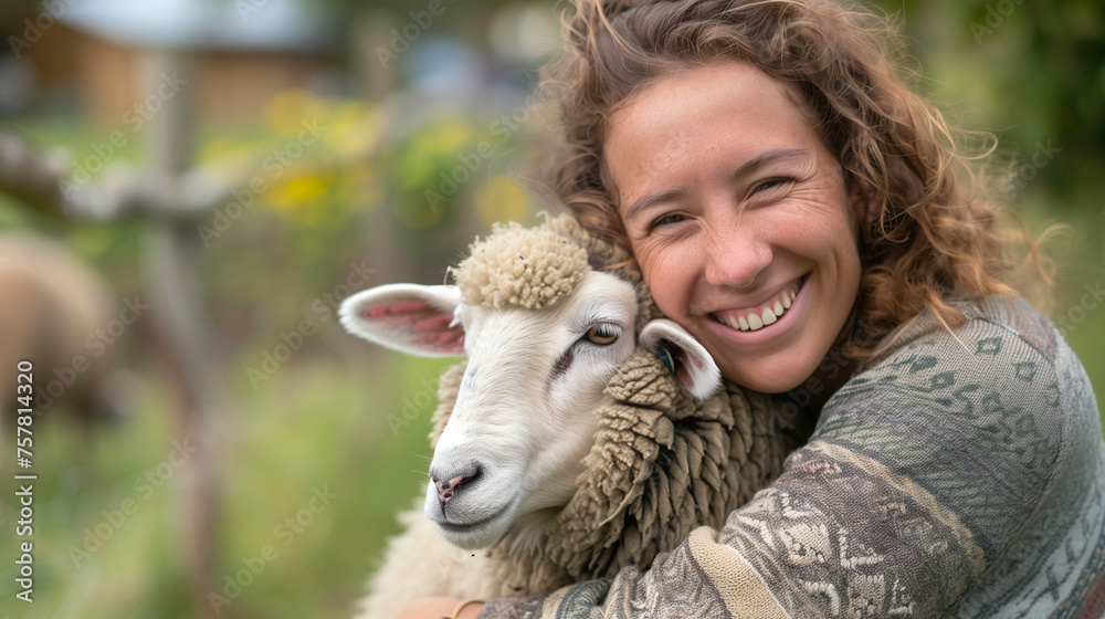 A beautiful woman hugs a sheep tightly in her yard. Ai generated Images A beautiful woman hugs a sheep tightly in her yard. Ai generated Images