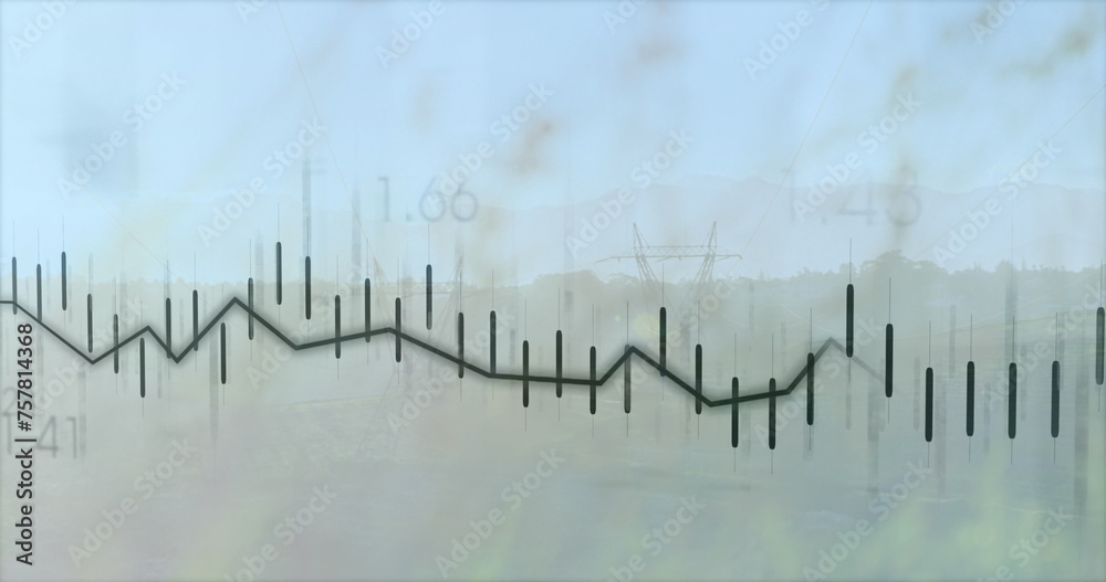 Obraz premium Image of financial data processing over electricity pylons and landscape