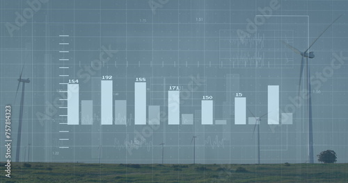 Image of financial data processing over wind turbines and landscape © vectorfusionart