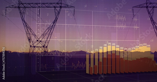 Image of financial data processing over electricity pylons and landscape