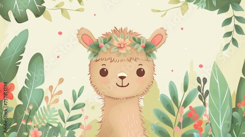 Cute cartoon alpaca with floral wreath.
