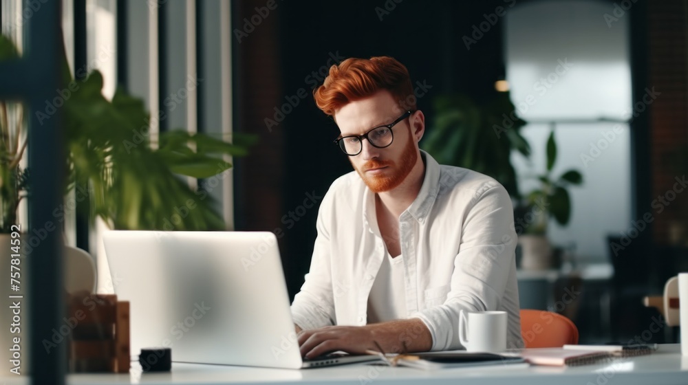Obraz premium A handsome, confident, Stylish redhead man, businessman with glasses, sits at a desk and works on a laptop in a bright office with indoor plants. Business, Freelance, Startup, Work, Modern Technology.