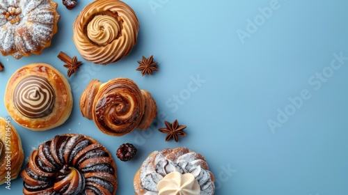 Group of assorted pastries isolated on blue background. Pastry, cakes, buns, biscuits, sweets. Copy space.