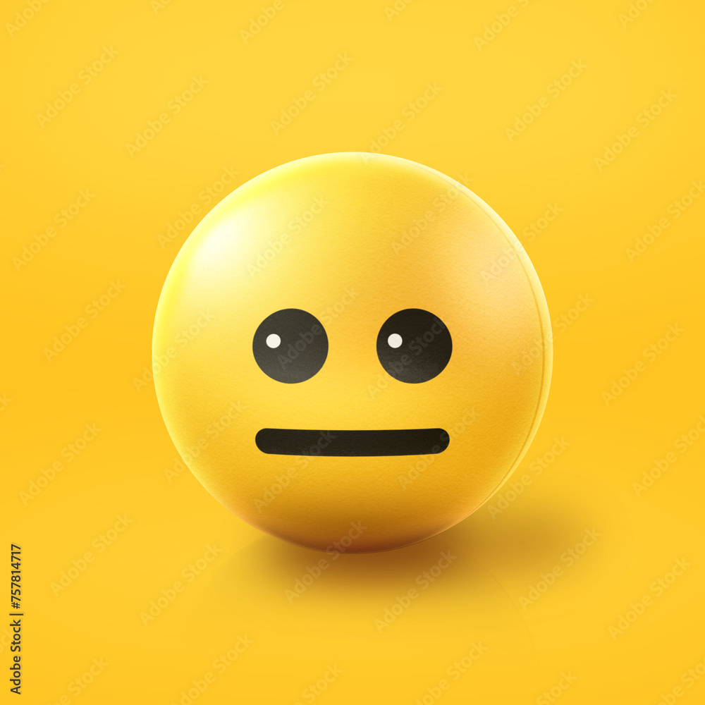 Neutral and emotionless Emoji stress ball on shiny floor. 3D emoticon isolated.