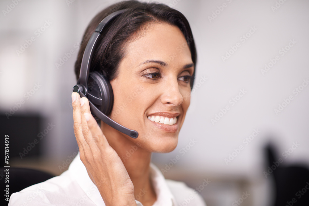 Happy woman, consultant and call center with headphones for customer service or support at office. Face of female person, agent or employee with smile in online advice, mic or consulting at workplace Happy woman, consultant and call center with headphones for customer service or support at office. Face of female person, agent or employee with smile in online advice, mic or consulting at workplace