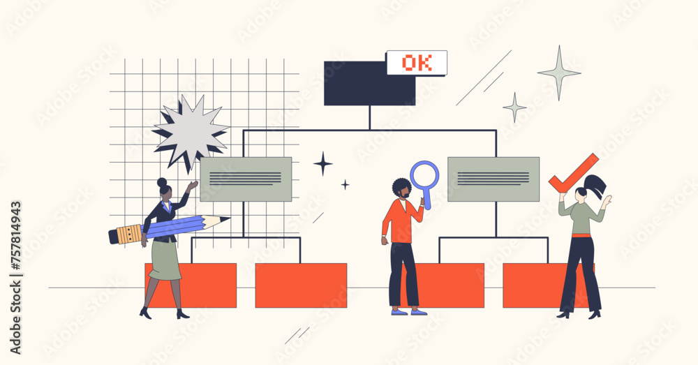 Work breakdown structure for project planning in neubrutalism tiny person concept. Business strategy for effective task teamwork vector illustration. Job organization and productive leadership. Work breakdown structure for project planning in neubrutalism tiny person concept. Business strategy for effective task teamwork vector illustration. Job organization and productive leadership.