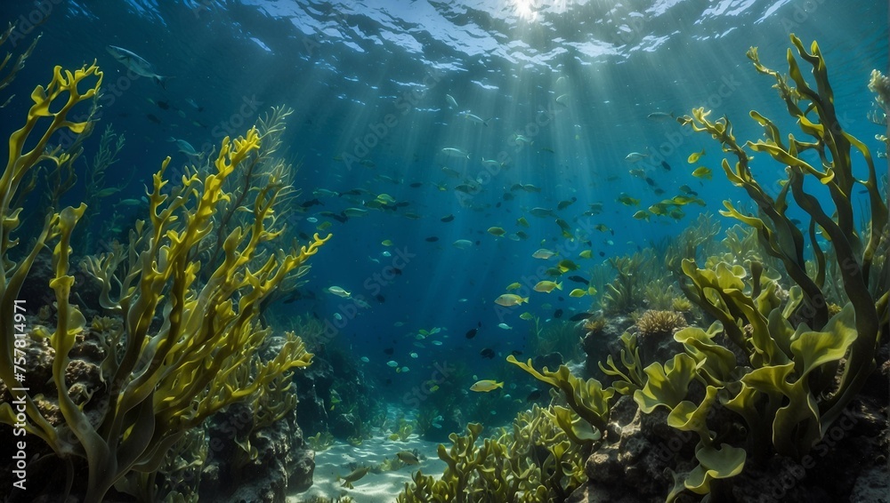 Fototapeta premium Underwater plant role in carbon sequestration. Kelp forest and seagrass meadow 