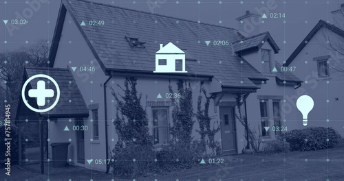 Image of icons and financial data processing over 3d house