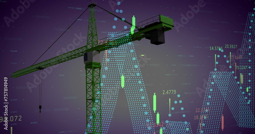 Image of crane at construction site, financial data processing and statistics