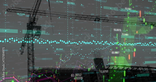 Image of financial data processing over construction site