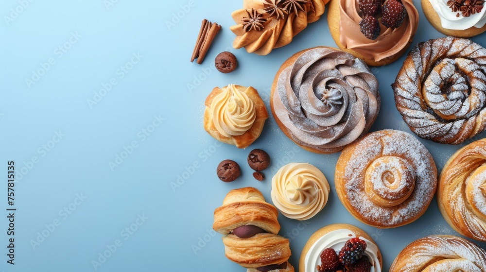 Group of assorted pastries isolated on blue background. Pastry, cakes, buns, biscuits, sweets. Copy space.