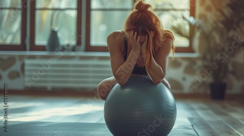 Workout Frustration and Exhaustion, young woman feels overwhelmed, resting her head in her hands atop a fitness ball in a sunlit room, embodying the struggle with weight loss