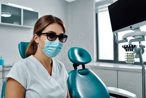 Lifestyle portrait of woman dentist doctor in medical mask and glasses sitting at dental office in clinic, looking at camera. Medicine children dentistry concept. Copy ad text space photo