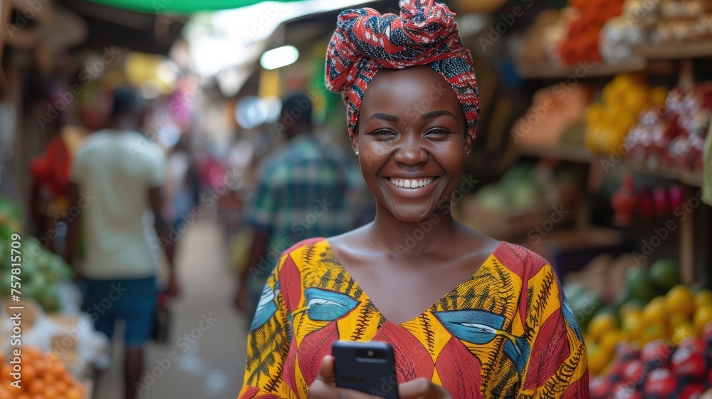Joyful African Woman with Smartphone, radiant woman in vibrant traditional attire engages with her phone, her smile embodying the lively spirit of the market behind her