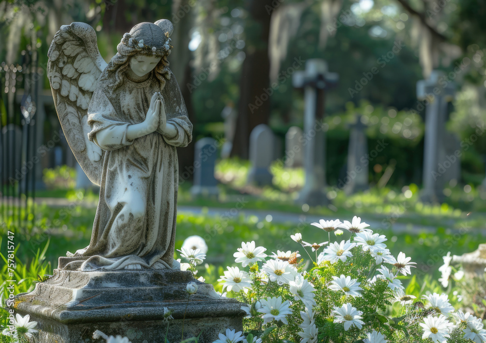 Peace and quiet of the cemetery. Angel statue in a cemetery among green grass and flowers. Peace and quiet of the cemetery. Angel statue in a cemetery among green grass and flowers.