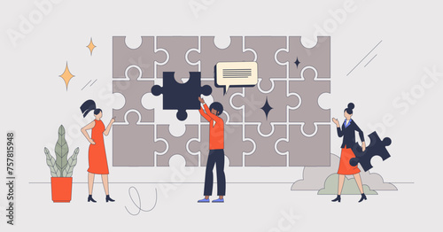 Change management and effective company transition retro tiny person concept. Transformation with different business optimization and organizational changes vector illustration. Employee partnership.