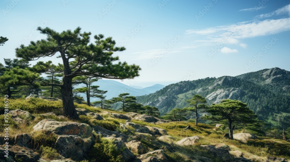 A mountain range with a forest of pine trees