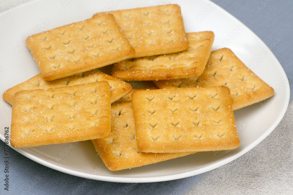 Biscuit Cracker with sugar on ceramic white plate Biscuit Cracker with sugar on ceramic white plate