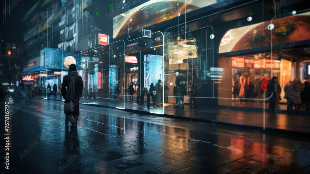 Futuristic smart city street with holographic screens