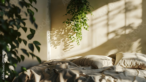 A bedroom featuring a bed and a plant hanging on the wall. The bed is neatly made, and the plant adds a touch of nature to the room