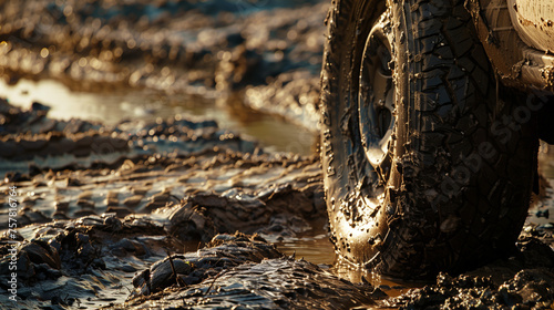 an off-road car tire trapped in the mud in striking detail. Dirty and muddy tires are clearly visible, with the texture of mud sticking to the surface. Ai generated images