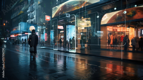 Futuristic smart city street with holographic screens