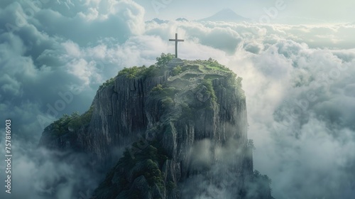 Cross on top of a rock among the clouds. Cross against the sky.