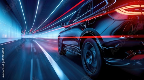 A black car is driving at high speed, a dark background and red neon lines. Car chase. © Валентін Громико