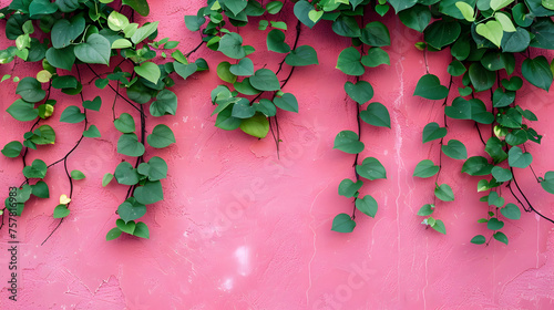 A collection of green leaves hanging on a vibrant pink wall photo