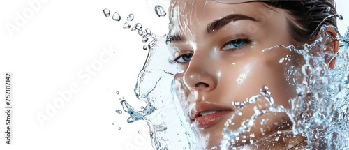 Young Woman with Delicate Water Splashes Beauty Captured on a White Background