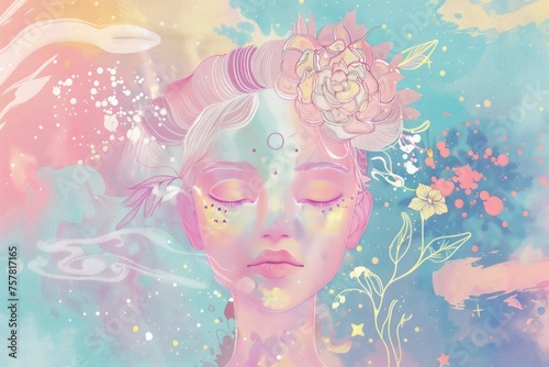 Beautiful girl with in a dreamy illustration style featuring pastel colors and simple shapes against a galaxy background