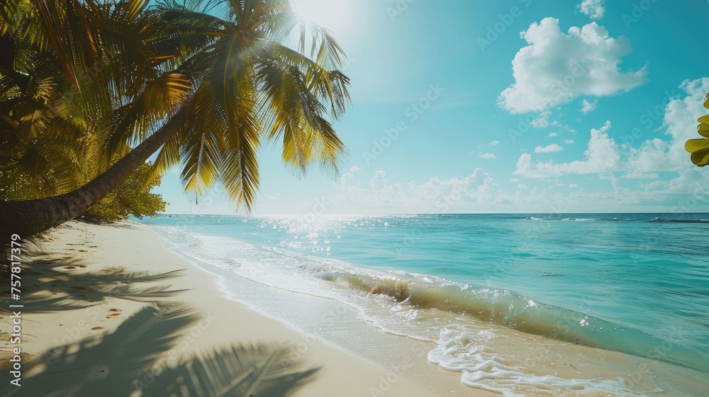 Tropical white sand beach. Beach by the sea surrounded by palm trees. Tropical paradise. Tropical white sand beach. Beach by the sea surrounded by palm trees. Tropical paradise.