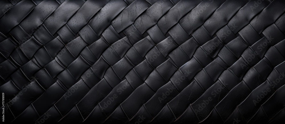 Fototapeta premium A close up of a black leather couch with a woven pattern, resembling a mesh of automotive tire material. The texture contrasts with electric blue tints, creating a modern and sleek look