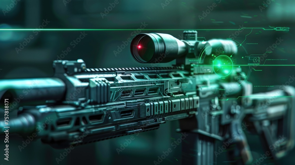 Sniper rifle with red scope and green laser sight. Sniper rifle with red scope and green laser sight.