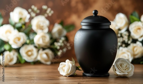 Black urn with ashes among beautiful white roses. Farewell ceremony.