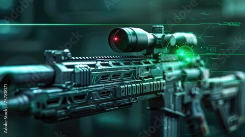 Sniper rifle with red scope and green laser sight.
