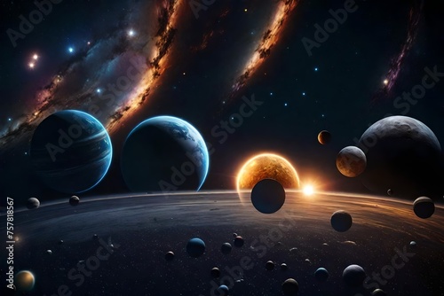 A celestial picture with planets and stars strewn across the night sky