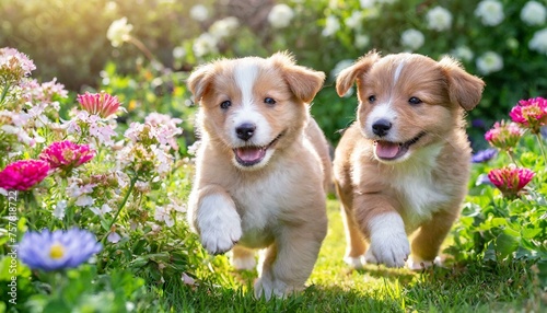A heartwarming moment of playful puppies chasing each other in a sunlit garden