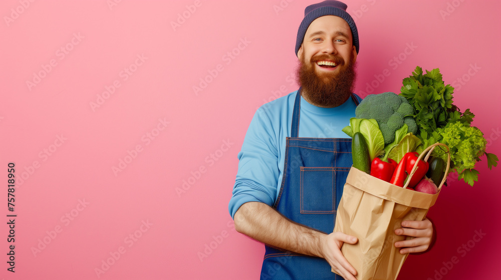 Young handsome man holding a shopping basket full of food over isolated yellow background celebrating a victory
