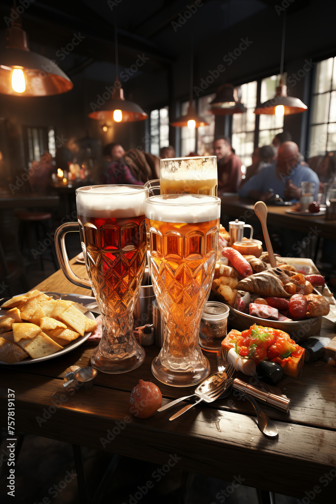 Mugs of beer on a table in a pub surrounded by a variety of pairing snacks.