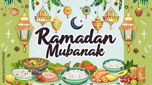 Ramadan Mubarak. Poster featuring Traditional Islamic Cuisine 