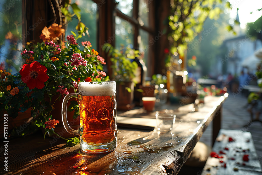 Close-up of beer glass standing on the table of the terrace of a bayern pub.