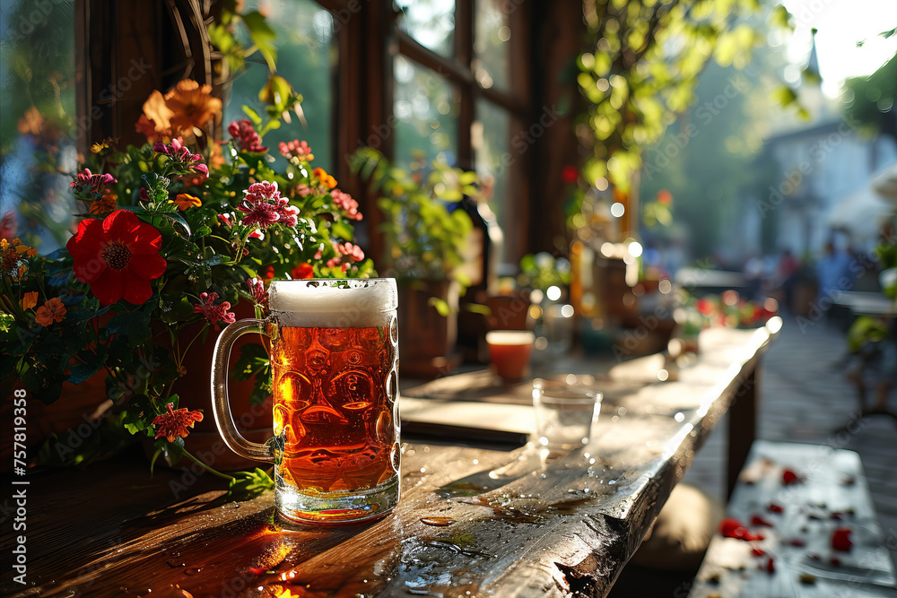 Close-up of beer glass standing on the table of the terrace of a bayern pub. Close-up of beer glass standing on the table of the terrace of a bayern pub.