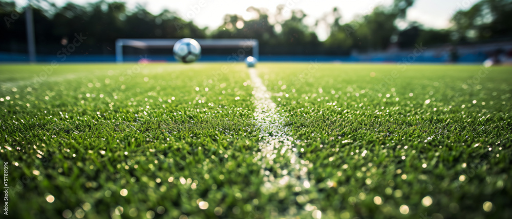 Soccer games on artificial turf have marked corners. .