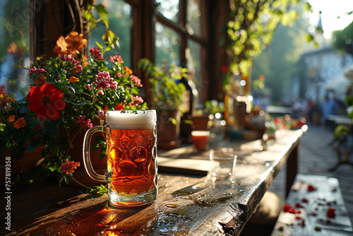 Close-up of beer glass standing on the table of the terrace of a bayern pub. © tynza