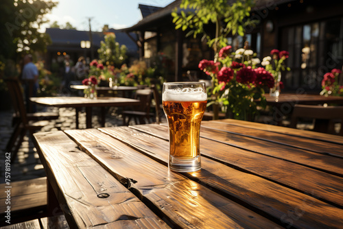 Close-up of beer glass standing on the wooden table of the outdoor terrace of a bayern pub. photo