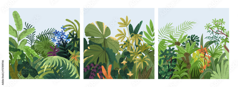 Green botanical cards set. Spring greenery, tropical nature, leaves, summer flowers, lush plants, eco square postcards. Floral backgrounds, thickets, garden, vegetation. Flat vector illustrations - obrazy, fototapety, plakaty 