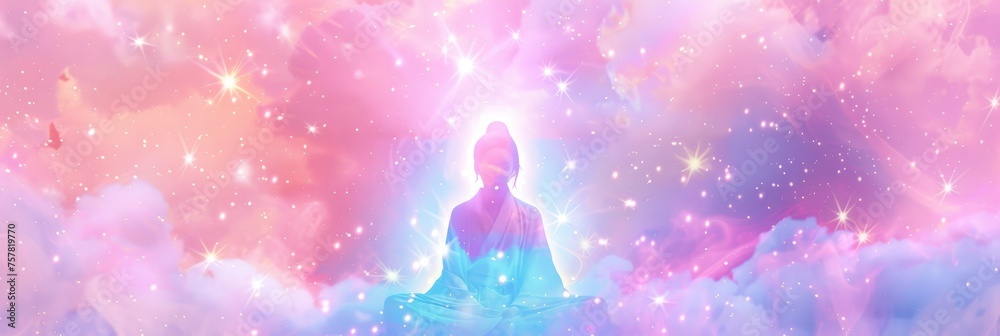 Shakyamuni in the sky, surrounded colorful pastel clouds and stars.