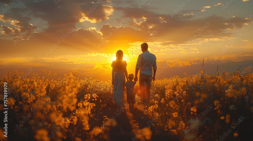 Family enjoying sunset in a field of flowers. Concept of togetherness and nature.